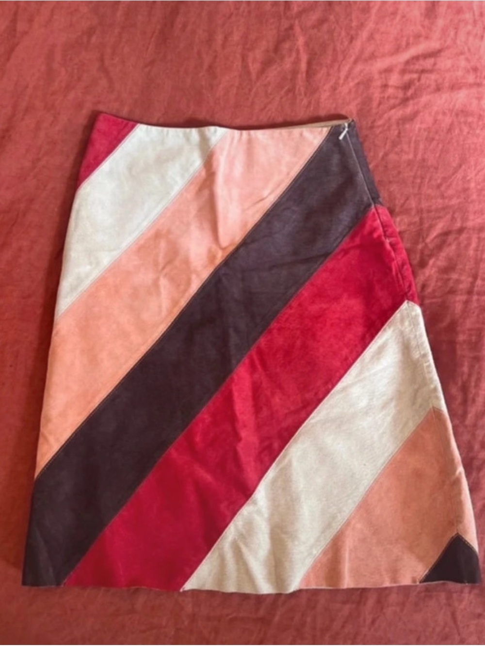 Sportsgirl Diagonal Colorblock Suede A-Line Skirt in Red, Brown, Peach & Cream